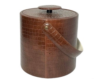 Mid-century 1960s Faux Alligator Leather Vinyl Brown Ice Bucket 8 1/2” Barware