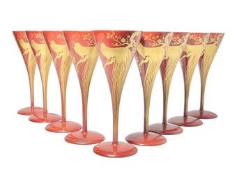 1960s 9 Red Gold Urushi Lacquer Onagadori Rooster Sake Cocktail Glasses 6” 2.5oz