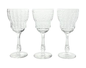 Libbey Rock Sharpe 3 Wine or Water Etched Flower Glasses 7 3/4” 12oz 2018-5