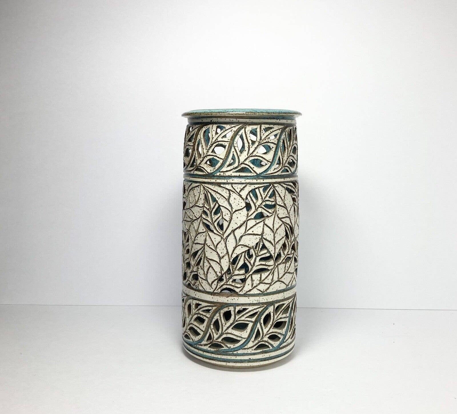 Susan Brown Freeman, Reticulated Turquoise Studio Pottery Tall Vase, 11” Signed