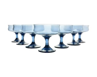 Libbey “Connoisseur (Dusky Blue, Tulip)” 7 Coupe Champagne Glasses 3 3/4” 8oz