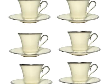 Lenox “Solitaire” Set of 6 Porcelain Tea Cups 3” 6oz & Saucers 6”