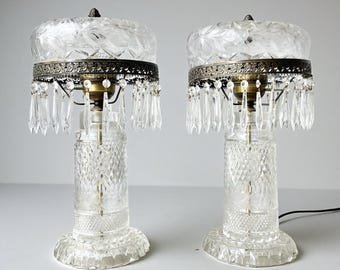 Large Vintage American Brilliant Cut Flower Crystal Mushroom Parlor Lamps 21”