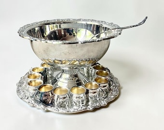 FB Rogers Silverplate 15-Piece Massive Punch Bowl Set, 12 Cups Plate Ladle Bowl