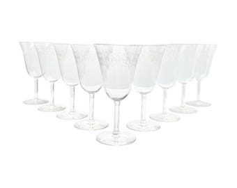 1920s Fostoria “Greek” 9 Optic Greek Key Etched Wine or Water Glasses 6 3/4” 9oz