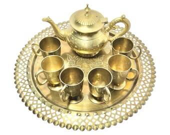Vintage Indian-made Arabian Moroccan-style 8-Piece Solid Brass Coffee or Tea Set