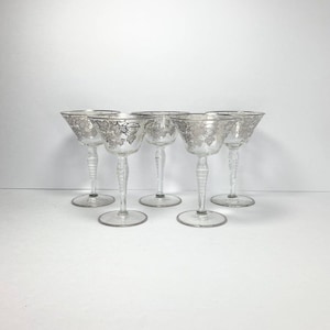 SILVER CITY Glass Silver Overlay 5 Wine Glasses 5 5/8” 8oz Vintage MCM 60s Grape Leaf