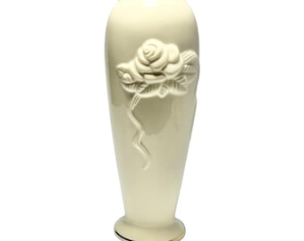1980s Vintage Lenox Bone China Ivory & Gold Rim “Rose” Bud Vase 7 1/2”