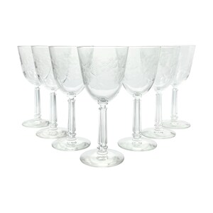 1950s Libbey “Crystal Garland” Set of 7 Etched Flower Water Glasses 7 3/8” 9oz