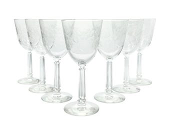 1950s Libbey “Crystal Garland” Set of 7 Etched Flower Water Glasses 7 3/8” 9oz