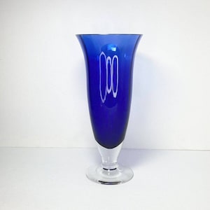 Cobalt Blue Optic Footed Trumpet Glass Vase, 11” Vintage 1970’s Contemporary