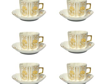 Gardner Verbilki Russian 6 Porcelain Gold Flower Demitasse Espresso Cups Saucers