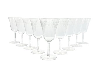 1920s Fostoria “Greek” 9 Optic Greek Key Etched Wine or Water Glasses 6 3/4” 9oz