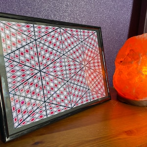 Impression A4 psychédélique encadrée, motif géométrique à damier hexagonal en édition limitée dans cadre Art mural trippy illusion 3D, décoration de fête