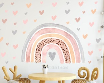 Watercolor Pastel Rainbow And Hearts Wall Decal Boho Rainbow Wall Stickers Nursery Decals Kids Room Girl Room Playroom Decor