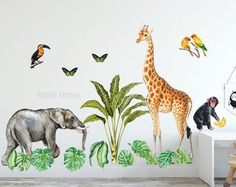 Autocollant mural animaux Safari, décoration murale pour chambre de bébé, autocollant mural aquarelle pour pépinière, autocollant mural girafe tropicale