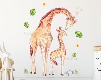 Mère Et Bébé Girafe Amour Mur Décalque Chambre Bébé Décor Mural Aquarelle Nursery Mur Sticker Tropical Girafe Wall Sticker