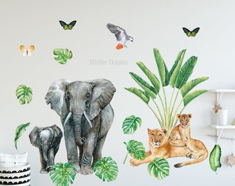 Safari Animals Wall Decal Baby Room Wall Decor Watercolor Nursery Jungle Wall Sticker Tropical Forest Wall Sticker