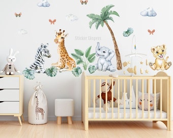 Cute Safari Animals Wall Decal Baby Room Wall Decor Watercolor Nursery Wall Sticker Tropical Wall Sticker