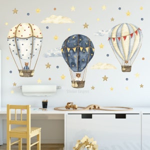 Watercolor Hot Air Balloons Cloud Star Bear Wall Decal Baby Room Wall Decor Nursery Wall Sticker
