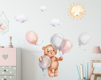 Watercolor Bear With Balloons Wall Decal Baby Room Wall Decor Nursery Wall Sticker