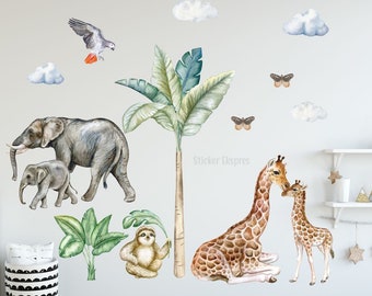 Carino Safari Animali Decalcomania murale Baby Room Wall Decor Acquerello Nursery Adesivo murale Adesivo murale tropicale Adesivo