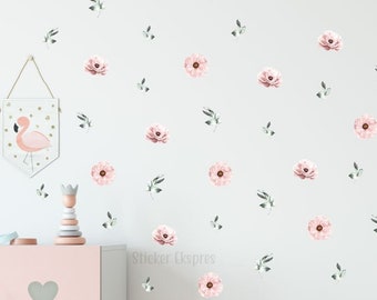 Spring Flowers Wall Decal, Pink Flowers Wall Decal, Watercolor Flower Wall Decal, Baby Girl Room Wall Decor, Nursery Wall Sticker