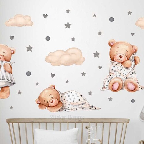 Watercolor Cute Bears Wall Decal Baby Room Wall Decor Sleeping Etsy