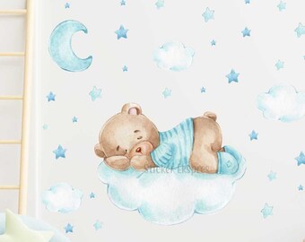 Mignon ours en peluche dormant sur le mur de nuage bleu Décalque Chambre de bébé Décoration murale De chambre de bébé Autocollant mural de pépinière Cloud Star Wall Décalcomanies Teddy Bear Wall Sticker