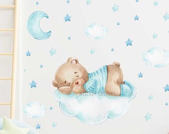 Süßer Teddy Bär Schlafend Auf blau Wolke Wandtattoi Babyzimmer Wanddeko Kinderzimmer Wandsticker Wolke Stern Wandaufkleber Teddybär Wandaufkleber