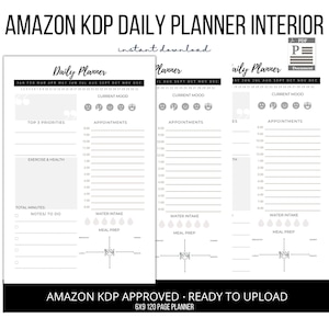 Puede incluir: Una plantilla de interior de planificador diario en blanco y negro con un calendario, un rastreador de estado de ánimo, una agenda de citas, un rastreador de ingesta de agua y un planificador de preparación de comidas. La plantilla está diseñada para su uso con Amazon Kindle Direct Publishing (KDP).