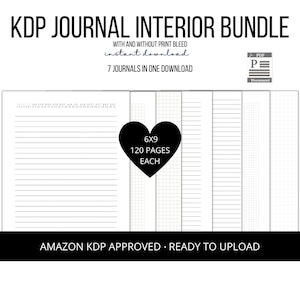 Puede incluir: Una descarga digital de 7 plantillas de interior de diario imprimibles en tamaño 6x9 pulgadas, cada una con 120 páginas. Las plantillas incluyen páginas rayadas, cuadriculadas y con puntos. El texto "KDP JOURNAL INTERIOR BUNDLE" está en la parte superior de la imagen. El texto "WITH AND WITHOUT PRINT BLEED instant download 7 JOURNALS IN ONE DOWNLOAD" está debajo del título. El texto "AMAZON KDP APPROVED READY TO UPLOAD" está en la parte inferior de la imagen.