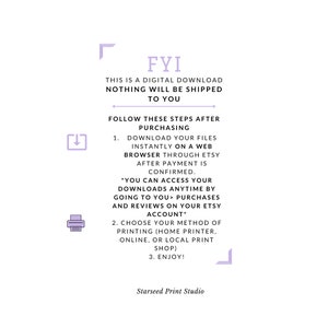 Puede incluir: Texto morado y blanco sobre fondo blanco con borde morado. El texto dice "FYI Esto es una descarga digital. No se enviar&aacute; nada a usted. Siga estos pasos despu&eacute;s de comprar: 1. Descargue sus archivos instant&aacute;neamente en un navegador web a trav&eacute;s de Etsy despu&eacute;s de que el pago se confirme. *Puede acceder a sus descargas en cualquier momento yendo a usted>compras y rese&ntilde;as en su cuenta de Etsy*. 2. Elija su m&eacute;todo de impresi&oacute;n (impresora dom&eacute;stica, en l&iacute;nea o tienda de impresi&oacute;n local). 3. &iexcl;Disfrute! Starseed Print Studio"