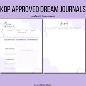 Puede incluir: Una plantilla de diario de sue&ntilde;os imprimible con un esquema de color morado y blanco. La plantilla incluye secciones para registrar sue&ntilde;os, factores clave y pensamientos antes de acostarse. El texto "KDP Approved Dream Journals" y "descarga instant&aacute;nea" est&aacute; en la parte superior de la p&aacute;gina.