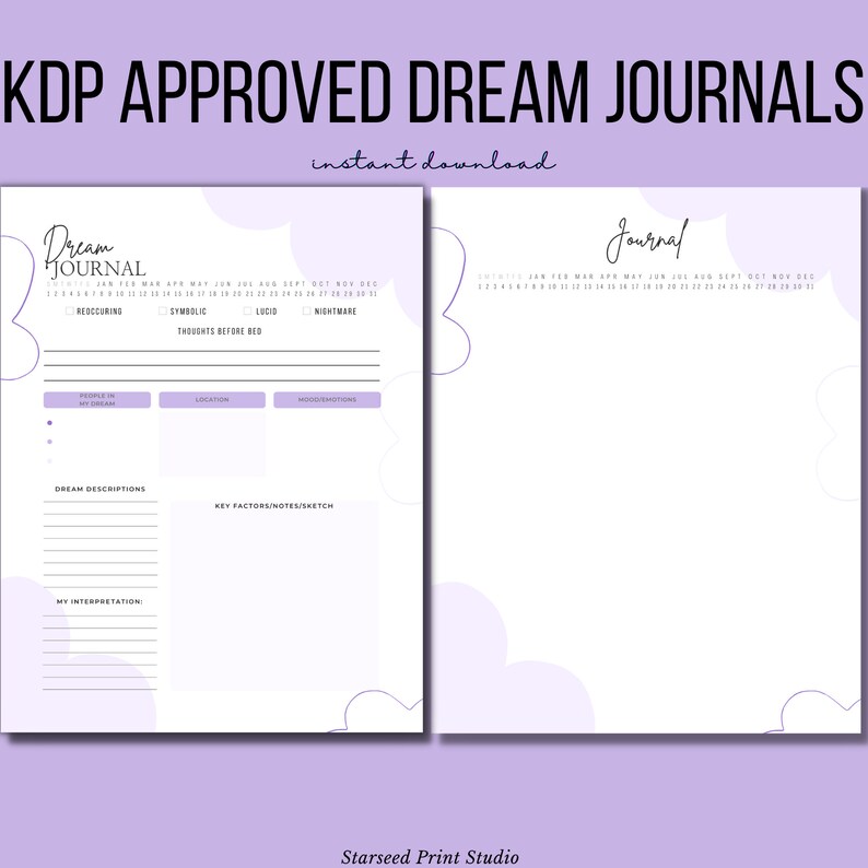 Puede incluir: Una plantilla de diario de sue&ntilde;os imprimible con un esquema de color morado y blanco. La plantilla incluye secciones para registrar sue&ntilde;os, factores clave y pensamientos antes de acostarse. El texto "KDP Approved Dream Journals" y "descarga instant&aacute;nea" est&aacute; en la parte superior de la p&aacute;gina.