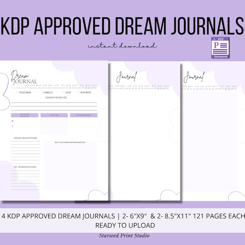 Puede incluir: Cuatro plantillas de diario de sue&ntilde;os imprimibles en un esquema de color morado y blanco. Cada diario tiene un calendario, espacio para descripciones de sue&ntilde;os, factores clave e interpretaciones. El texto en la imagen dice "KDP Approved Dream Journals" y "4 KDP Approved Dream Journals | 2-6"x9" & 2-8.5"x11" 121 Pages Each Ready to Upload".