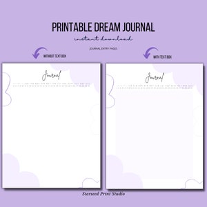 Puede incluir: Dos p&aacute;ginas de diario de sue&ntilde;os imprimibles con un esquema de color morado y blanco. La p&aacute;gina izquierda tiene la palabra "Journal" escrita en cursiva. La p&aacute;gina derecha tiene un cuadro de texto para escribir. Ambas p&aacute;ginas tienen un calendario con los meses del a&ntilde;o y un dise&ntilde;o de nubes.