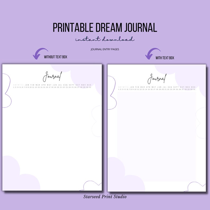 Puede incluir: Dos p&aacute;ginas de diario de sue&ntilde;os imprimibles con un esquema de color morado y blanco. La p&aacute;gina izquierda tiene la palabra "Journal" escrita en cursiva. La p&aacute;gina derecha tiene un cuadro de texto para escribir. Ambas p&aacute;ginas tienen un calendario con los meses del a&ntilde;o y un dise&ntilde;o de nubes.