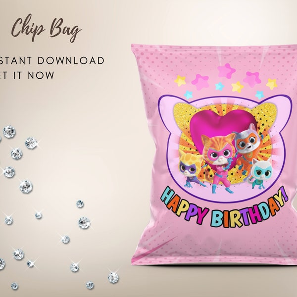 SUPER KITTIES Digital Printable Chip Bag Design 1st Birthday Supplies | You Print Super Kitties Custom Birthday Decoration
