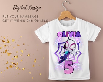 T-shirt stampabile digitale Design SPIDER GHOST GWEN T-shirt per festa di compleanno / Stampa T-shirt personalizzata per compleanno per bambini