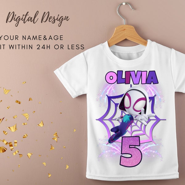 Digitaal afdrukbaar T-shirt ontwerp SPIDER GHOST GWEN verjaardagsfeestje T-shirt | U bedrukt een op maat gemaakt kinderverjaardags-T-shirt