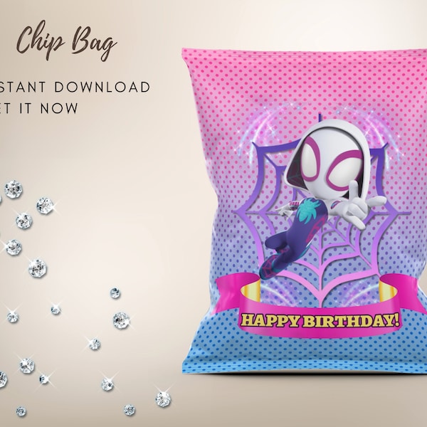 GHOST SPIDER GWEN Digital Printable Chip Bag Design 1st Birthday Supplies | You Print Spider Gwen Custom Birthday Decoration