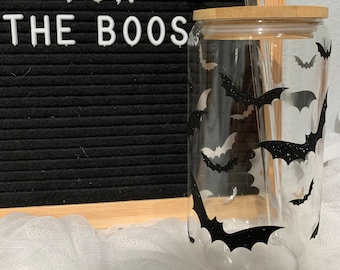 Halloween Glass Cup with Bamboo Lid and Glass Straw | Halloween Cup | Custom Glass Cup | Halloween | Bats | Ghosts | Halloween Boo Cup