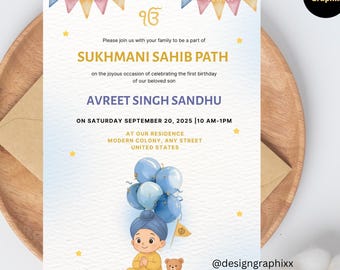 Sukhmani Sahib Path Invitation: Baby Boy 1st Birthday Sikh Invite (5x7 Digital Download Template)