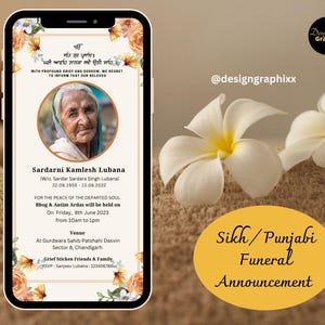 Convite personalizado para funeral Sikh | Anúncio digital de falecimento em Punjabi | Convite editável Antim Ardaas Bhog | Cartão compartilhável no WhatsApp