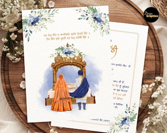 Custom Punjabi Sikh Wedding Invitation: Bride & Groom Illustration (Digital A4 PDF)