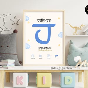 Punjabi Baby Name Personalisiertes Poster | Englische Bedeutung | Sikh Kinderzimmer Wand Kunst | Kinderzimmer Dekor