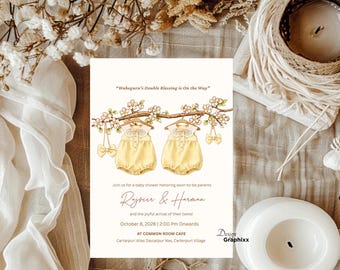 Sikh Twin Baby Girls Shower Invitation | Punjabi Twin Girls Invite | Yellow Dress | Gurbani Pankti | Editable Template | Digital