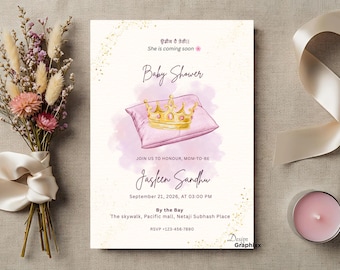 Sikh Baby Girl Shower Invitation | Teri Udik Hai | Punjabi Baby Girl Shower Card | Crown Princess Invite | Gurbani | Editable Canva