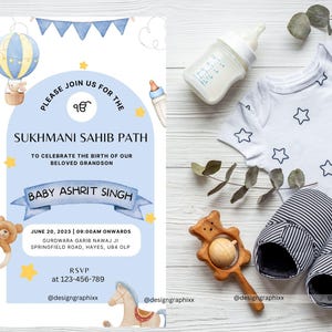 Sukhmani Sahib Path Invite for Baby Boy | Editable Sikh 1st or 2nd Birthday Invitation | Digital Download | Canva Template